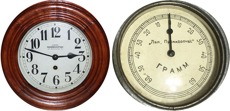 Артель «Промкоопчас» — кабинетные часы и граммометр